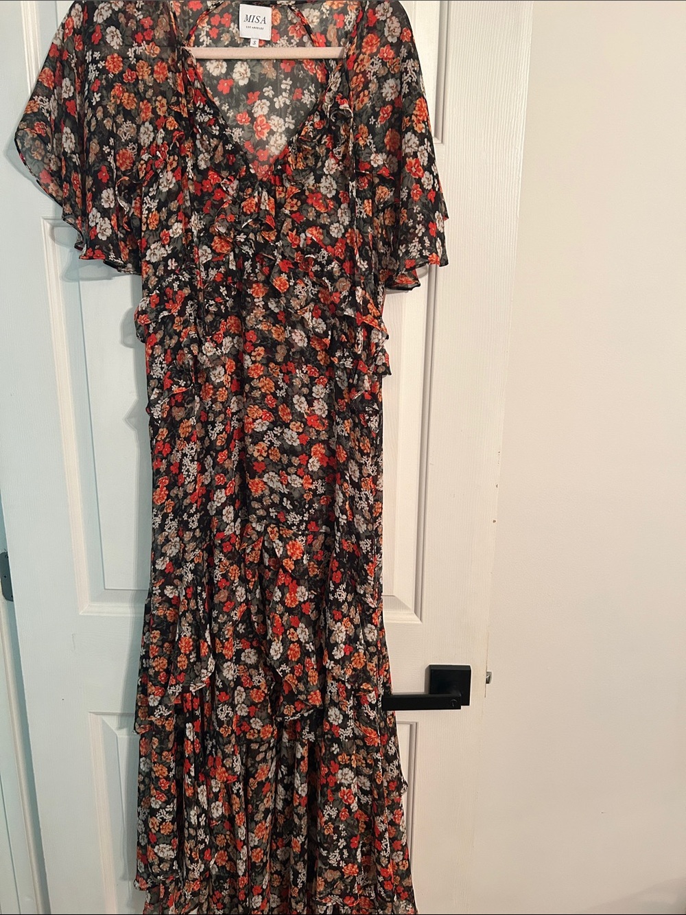 Misa Los Angeles Black Floral Ruffle Maxi Dress with Red and Cream Blooms